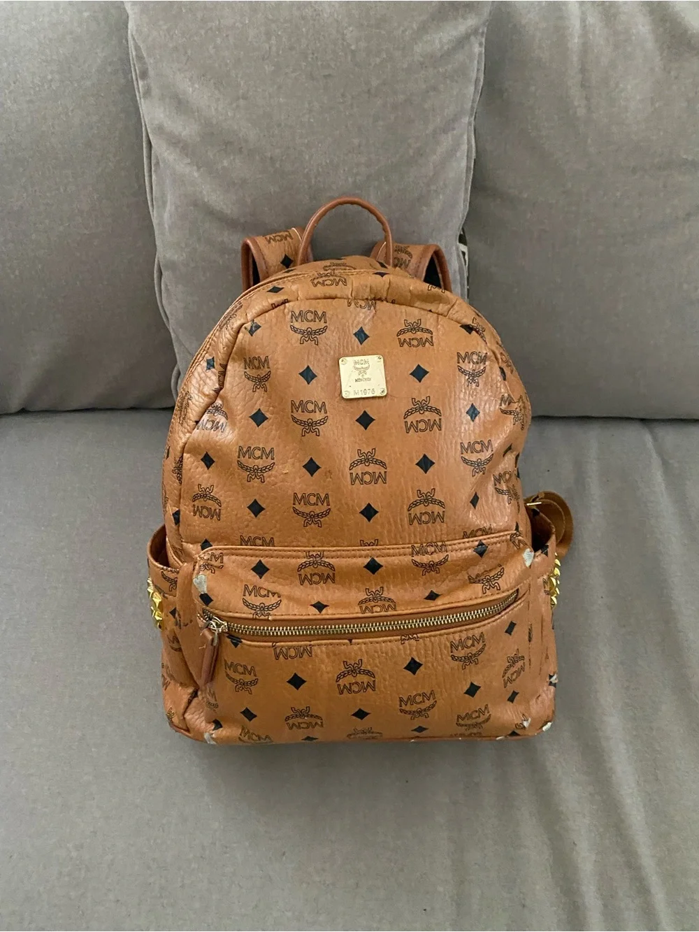 MCM Brown Visetos Logo Backpack with Gold Hardware